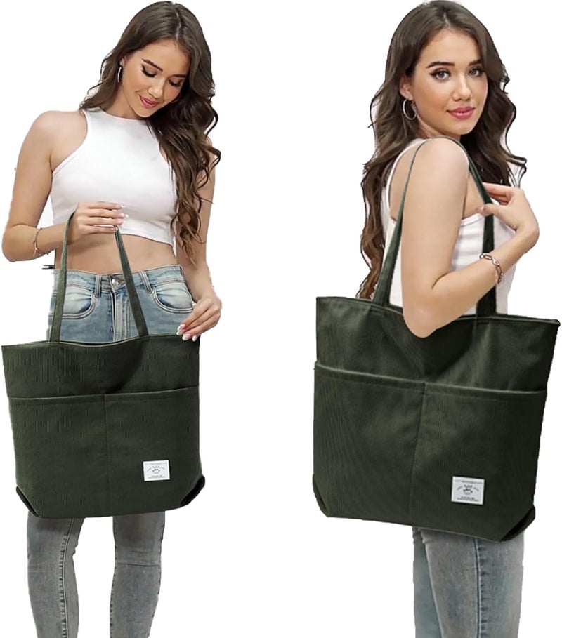 KALIDI FANCY FOREST KALIDI Women Corduroy Tote Bag Zipper Casual Tote's Handbag Big Capacity Shoulder Bag with Pockets - Image 3